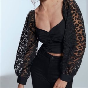 Zara Ballon Sleeves Leopard Animal Print Black Crop Top Size XS